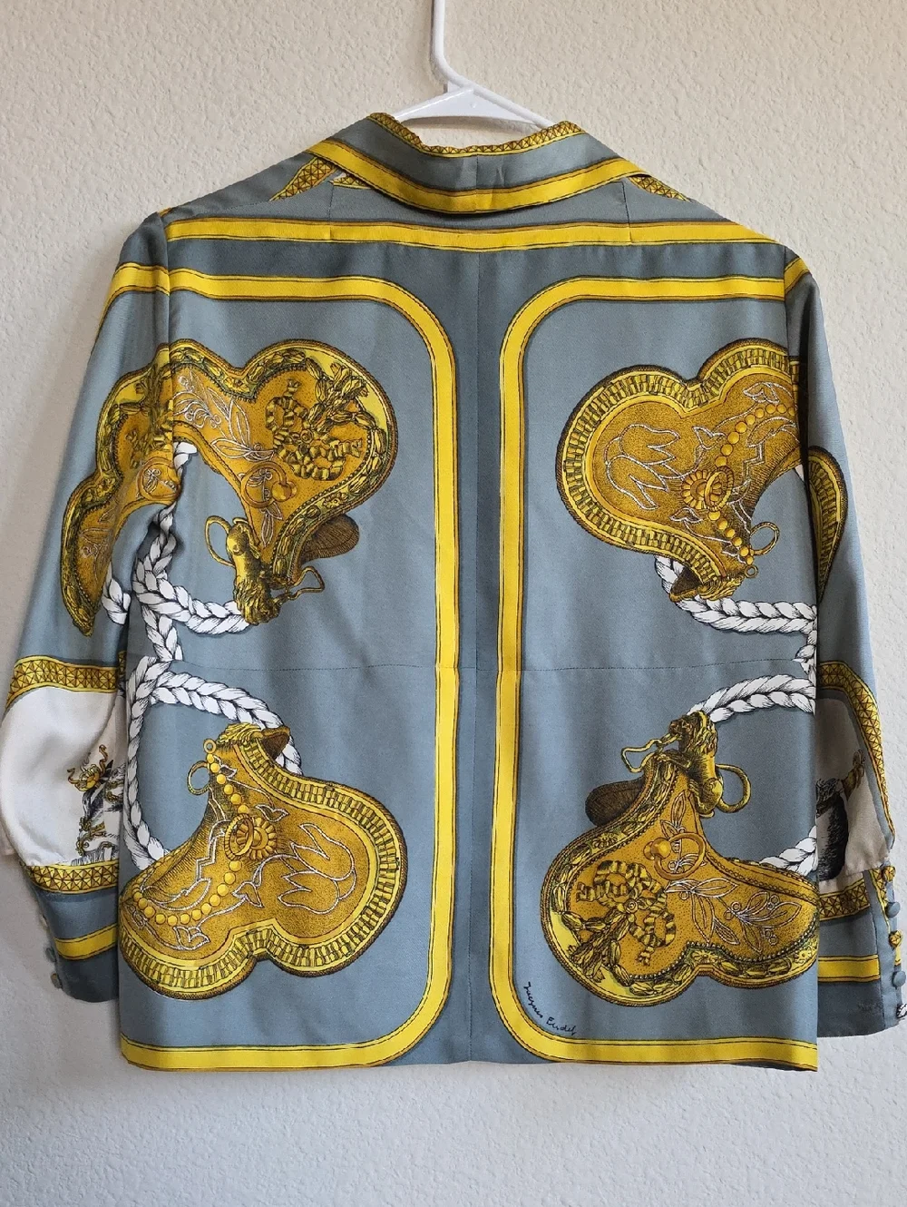 VTG Hermes 100% Silk Button-Up Blouse Equestrian Print Gray Yellow Authentic, 44 - Picture 4 of 15